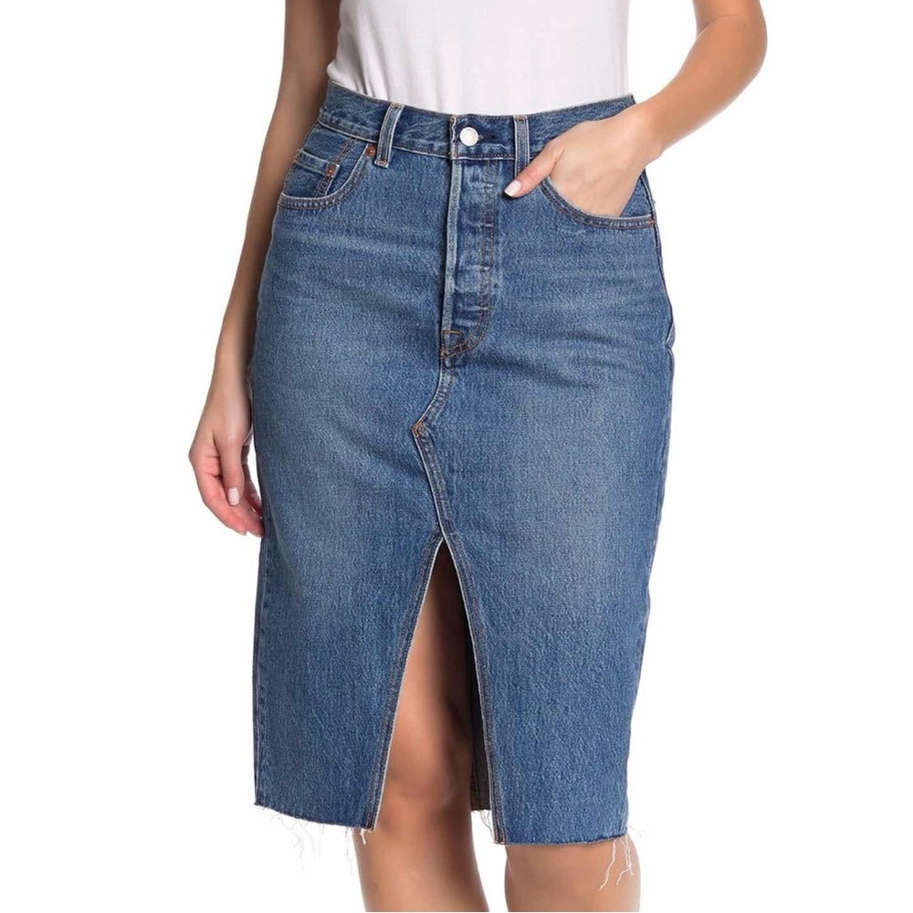 Levi’s Premium Denim High-Rise Deconstructed Midi Skirt Size 29